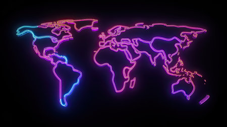 This neon outline of a world map features bright colors against a dark background, making it an eye-catching design perfect for any creative project focused on global themes.の素材