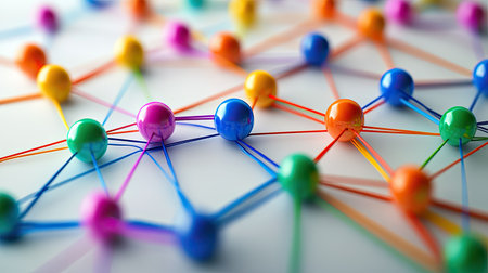 A vibrant visual representation of network connections showcasing colorful nodes and lines. This abstract image embodies innovation and collaboration in digital communication.の素材