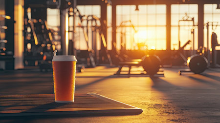A hot beverage sits on a gym mat, illuminated by warm sunlight during sunset. The fitness center in the background creates a motivating atmosphere for workouts.の素材