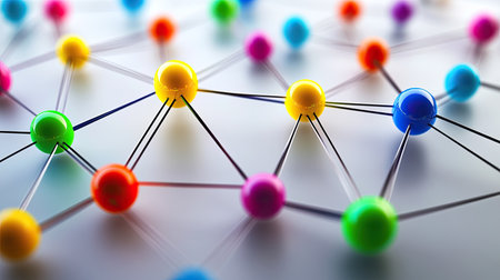 Colorful molecular structure showcases vibrant spheres connected by lines, symbolizing scientific concepts. Ideal for educational or creative projects that explore technology and innovation.の素材