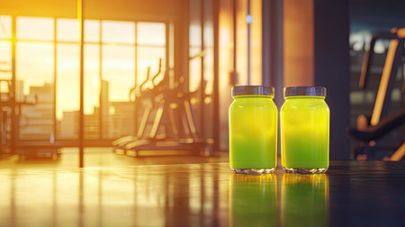 Two vibrant green drinks sit on a wooden table in a modern gym, illuminated by warm sunset light, emphasizing health, wellness, and hydration in fitness routines.の素材
