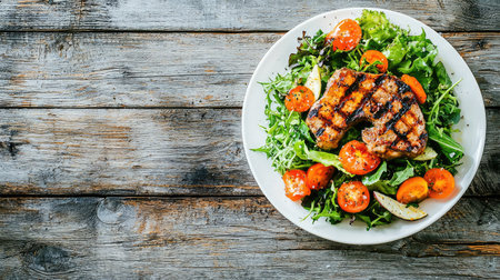 A beautifully arranged plate featuring grilled meat served over a fresh salad with vibrant tomatoes and carrots on a rustic wooden table, perfect for a healthy meal.の素材