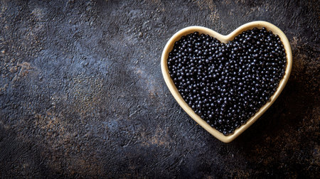 A heart-shaped bowl filled with black pearls rests on a beautifully textured surface, symbolizing love and elegance. This image is perfect for culinary or decoration themes.の素材