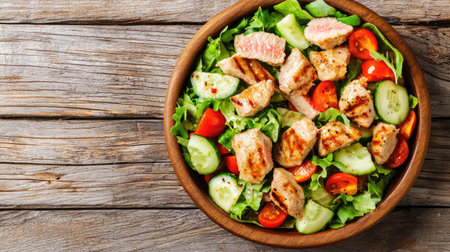 A delicious grilled chicken salad featuring fresh vegetables like lettuce, cherry tomatoes, and cucumber. Perfect for a nutritious meal on a wooden surface.の素材