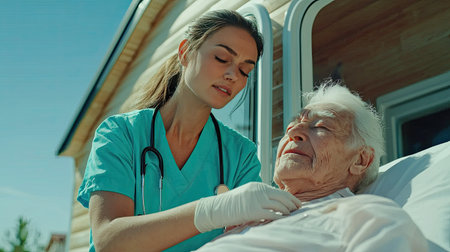 A dedicated nurse demonstrates compassion while providing care to an elderly patient in a serene outdoor setting, highlighting the importance of healthcare and support.の素材