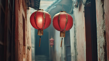 Two vibrant red lanterns glow softly in a serene alley, showcasing traditional architecture and creating a warm, inviting atmosphere in an ancient setting.の素材