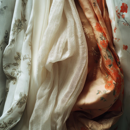 An artistic arrangement of soft, delicate fabrics showcasing floral patterns and gentle hues. Ideal for fashion and decor inspiration in various projects.の素材