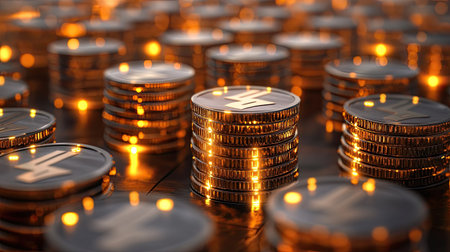 A captivating close-up of stacked coins illuminated by warm lights, showcasing a sense of wealth and prosperity. Ideal for finance and investment themes.の素材