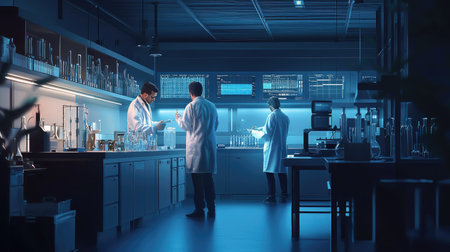 A modern research laboratory scene showcasing scientists engaged in experimentation and data analysis. The environment is illuminated with high-tech equipment and glassware.の素材