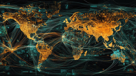 This abstract world map showcases vibrant connections and data flow, symbolizing global networking and communication. Ideal for technology-related projects.の素材