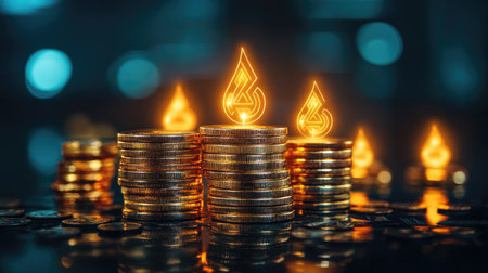 Stacks of shiny gold coins highlighted by glowing flame icons symbolize wealth and financial growth, creating a captivating and modern abstract concept.の素材