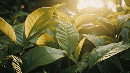 A close-up view of lush green leaves illuminated by soft morning sunlight, creating a serene and tranquil atmosphere in a natural outdoor setting.の素材