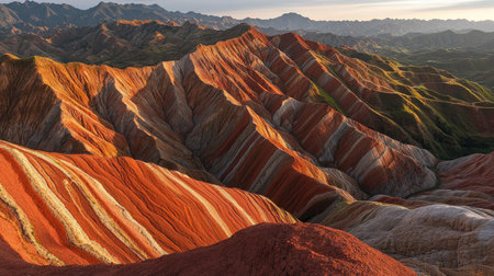 Stunning view of colorful layers in the Rainbow Mountains, showcasing vibrant earth tones and unique geological formations under soft morning light.の素材