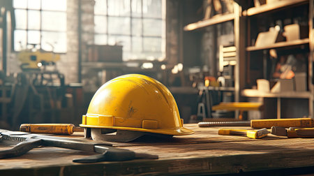 A yellow hard hat rests on a rustic workbench surrounded by various tools, representing safety and craftsmanship in a workshop setting. Ideal for construction themes.の素材