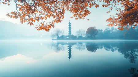 A serene autumn morning scene featuring a pagoda reflected in a misty lake, framed by vibrant autumn leaves. Perfect for nature and travel photography.の素材