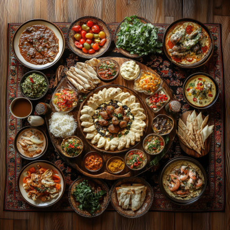 A stunning overhead view of a traditional Uzbek feast featuring a diverse array of dishes. This colorful presentation showcases various meats, vegetables, and breads, perfect for cultural celebrations.の素材