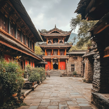 Explore the beauty of ancient architecture nestled in a traditional village, surrounded by lush nature and mountain scenery, inviting peace and tranquility.の素材