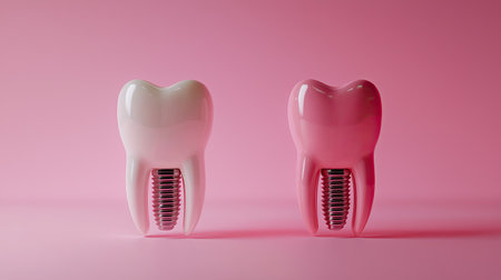 Two cute tooth-shaped objects in white and pink colors sit against a soft pink background, ideal for dental marketing and educational materials focused on oral health.の素材