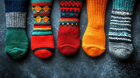 A vibrant collection of handcrafted socks showcases unique patterns and colors against a dark background, perfect for promoting comfort and creativity in fashion.の素材
