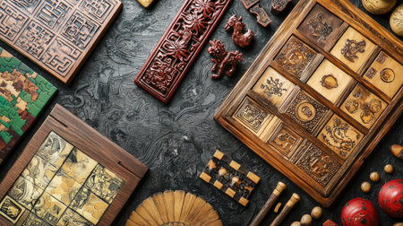 A stunning arrangement of intricate wooden crafts showcases diverse textures and designs. Perfect for illustrating artistry, craftsmanship, and cultural significance in decor.の素材