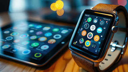A stylish smartwatch and a tablet with vibrant app icons sit on a wooden table, showcasing modern technology in a contemporary workspace setting.の素材
