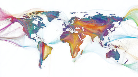 This vibrant world map illustrates the complex flow of global trade and movement, showcasing colorful lines that represent connections and influences across continents.の素材