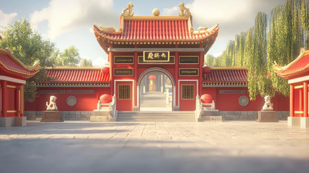 Explore a beautiful traditional Chinese temple with striking red details, surrounded by vibrant greenery. A perfect blend of culture and serenity.の素材