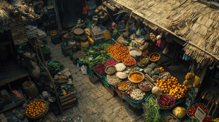 A bustling marketplace filled with colorful fruits and vegetables. Rustic stalls display a vibrant array of fresh produce under natural light. The scene showcases local culture and agricultural abundance.の素材