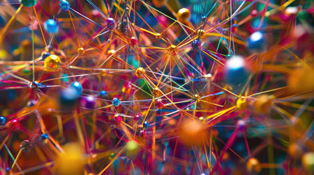 This vibrant and colorful abstract image showcases a network of connected nodes and lines, representing dynamic relationships and complexity in a visually stunning way. Perfect for digital art or scientific themes.の素材