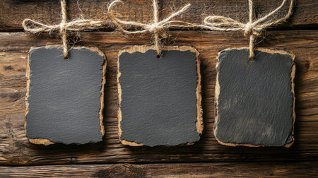 Three blank chalkboard signs are beautifully displayed against a weathered wooden background. Perfect for creative labeling, decoration, or crafting projects.の素材