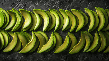 A beautiful arrangement of fresh green avocado slices on a dark textured background, perfect for highlighting healthy cuisine and food styling.の素材