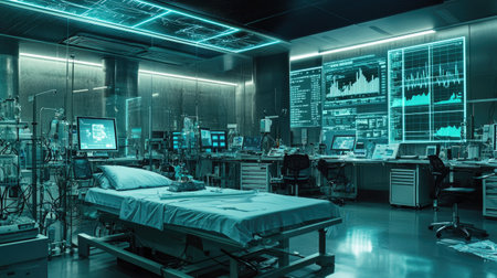 This futuristic hospital room showcases advanced medical technology, including monitors and equipment, creating a sterile and high-tech healthcare environment.の素材