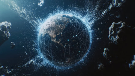 Captivating visualization of Earth surrounded by digital connections, showcasing the intricate network of technology and data in space. Ideal for projects on global communication and innovation.の素材
