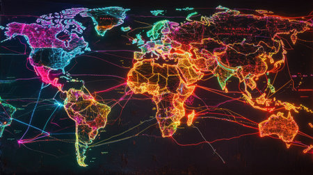 A vibrant neon world map showcasing colorful connections across continents. This artistic representation highlights global networks and communication lines.の素材