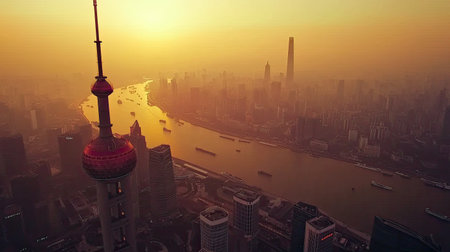 This breathtaking aerial view captures the vibrant skyline of Shanghai during a stunning sunset, showcasing the majestic river flowing through the city.の素材