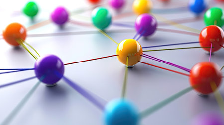 A visually engaging abstract representation of colorful spheres connected by lines, symbolizing network structures and collaborative systems in technology and communication.の素材