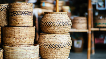 Discover the beauty of handcrafted woven baskets elegantly displayed in an artisan market, showcasing exquisite craftsmanship and natural materials.の素材