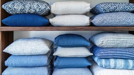 A visually appealing arrangement of soft blue cushions and pillows stacked neatly on wooden shelves, perfect for enhancing home decor and creating a cozy atmosphere.の素材