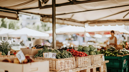 A vibrant scene of a local market showcasing a variety of fresh produce. Colorful vegetables in baskets highlight the beauty of healthy food options.の素材