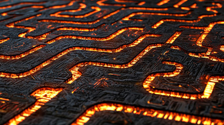 This captivating abstract image showcases glowing pathways in a circuit-like design on a dark surface, evoking a sense of energy and innovation. Perfect for technology themes.の素材