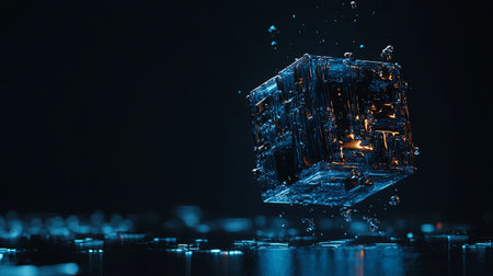 A captivating abstract image of a floating cube surrounded by water drops, featuring vibrant neon glow effects that enhance its elegance and depth.の素材
