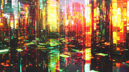 A stunning abstract cityscape filled with vibrant colors and reflections. This digital artwork showcases a futuristic urban environment illuminated by radiant lights.の素材