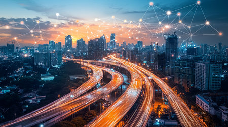 A vibrant urban skyline at sunset showcases a networked future with glowing traffic and digital connections over a modern city landscape.の素材