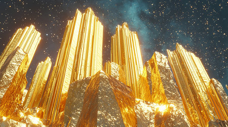 A breathtaking view of towering golden crystals set against a starry night sky, creating a stunning and surreal landscape that inspires awe and wonder.の素材