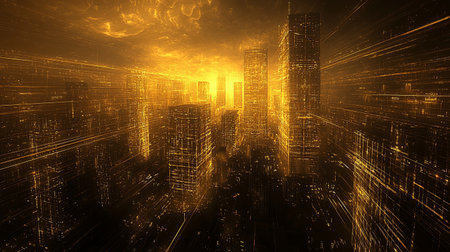 A stunning futuristic cityscape featuring golden skyscrapers that illuminate the urban landscape. Dynamic light effects and abstract patterns create a mesmerizing atmosphere.の素材