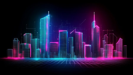 Explore a vibrant futuristic city skyline illustration, featuring neon lights and a digital grid. This visual represents innovation and modern architecture.の素材