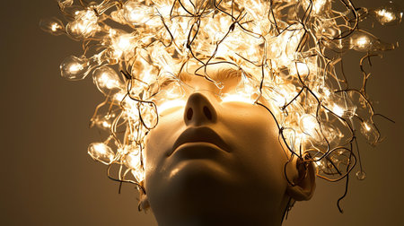 A captivating display featuring a mannequin head adorned with glowing light bulbs. This unique art piece symbolizes creativity and illumination, evoking wonder and inspiration.の素材