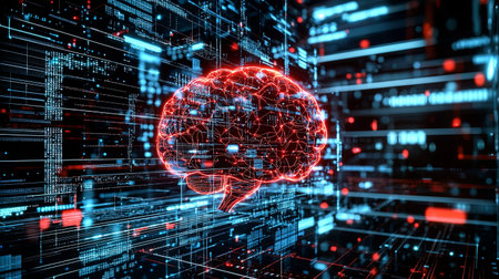 A vibrant visualization of a brain integrated with digital technology, showcasing neural connections against a backdrop of flowing data. Perfect for concepts around innovation and artificial intelligence.の素材