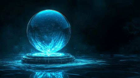 This image features a glowing blue sphere emanating energy effects against a dark background, creating a captivating and futuristic atmosphere for digital art.の素材
