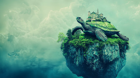 This imaginative scene features a large turtle carrying a castle on a floating island, surrounded by dreamy clouds, evoking a serene and whimsical atmosphere.の素材